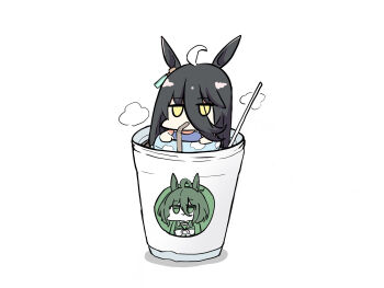 agnes_tachyon_(umamusume) ahoge animal_ears bare_arms bare_shoulders bendy_straw black_hair blue_one-piece_swimsuit cup disposable_cup drinking_straw eyes_visible_through_hair hair_over_one_eye highres horse_ears in_container in_cup innertube kawamochi_(kawauti919) long_hair manhattan_cafe_(umamusume) mini_person minigirl multicolored_hair one-piece_swimsuit shadow simple_background starbucks swim_ring swimsuit two-tone_hair umamusume white_background white_hair yellow_eyes