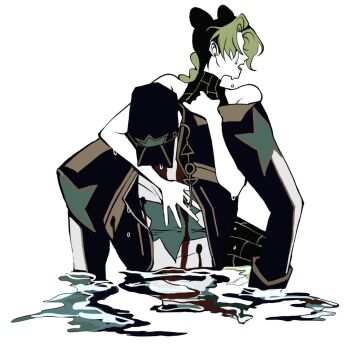 1boy 1girl bare_shoulders baseball_cap black_coat black_hair black_shirt blood blood_on_clothes clamchowder55 coat double_bun father_and_daughter green_hair hair_bun hat head_down hook hug in_water jojo_no_kimyou_na_bouken kuujou_jolyne kuujou_joutarou male_focus multicolored_hair open_mouth shirt sleeveless sleeveless_turtleneck star_(symbol) star_print stone_ocean turtleneck two-tone_hair white_shirt