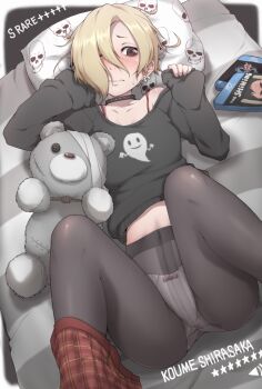 10s 1girl 3: bags_under_eyes black_pantyhose blonde_hair blu-ray blush brown_eyes card_(medium) card_parody character_name choker cinderella_girls_card_parody crotch_seam earrings female_focus hair_over_one_eye idolmaster idolmaster_cinderella_girls ina_(gokihoihoi) jewelry the_grudge long_sleeves lying navel on_back panties panties_under_pantyhose pantyhose pillow plaid_clothes plaid_skirt revision shirasaka_koume short_hair skirt skirt_around_one_leg skull sleeves_past_wrists solo stuffed_animal stuffed_toy teddy_bear the_shining typo underwear