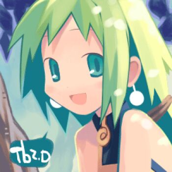 1girl :d aqua_pupils archived_source asami_natsuhito bare_shoulders black_dress collared_dress dappled_sunlight dress earrings green_eyes green_hair hair_tie happy harada_takehito_(style) jewelry leaf light_blush long_hair looking_at_viewer low_ponytail lowres marona_(phantom_brave) no_sclera open_mouth phantom_brave ponytail signature sleeveless sleeveless_dress smile spiked_hair sunlight tongue tree