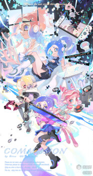 5girls absurdres black_boots black_hair black_leggings black_sclera black_shirt black_shoes black_skirt blonde_hair blue_eyes blue_hair blue_shirt boots breasts cleavage cleavage_cutout closed_mouth clothing_cutout colored_sclera commission crop_top dapple_dualies_(splatoon) earrings fingernails gloves gradient_hair hat heart_cutout highres holding holding_weapon jelleton jewelry knee_boots leggings long_hair medium_breasts mihuashi_506932 mihuashi_commission mihuashi_logo multicolored_hair multiple_girls neckerchief nintendo nintendo_switch octoling octoling_girl octoling_player_character parted_bangs parted_lips pink_hair pink_hat pink_shirt pink_shoes pink_skirt pointy_ears ponytail purple_eyes purple_hair purple_skirt red_eyes sample_watermark sea_slug_girl sharp_fingernails shirt shoes skirt sleeveless sleeveless_shirt smile sneakers splatana_wiper_(splatoon) splatoon_(series) splatoon_3 splatoon_3:_side_order standing standing_on_one_leg swarming_languendo tentacle_hair turtleneck turtleneck_shirt watermark weapon white_boots white_gloves white_neckerchief white_shirt