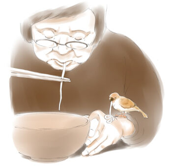 1boy androgynous bad_id bad_pixiv_id bird caracol chopsticks derivative_work eating food friends glasses male_focus noodles original ramen sharing solo white_background