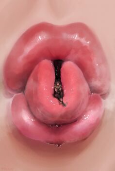 2022 2girls antennae artist_name black_sclera close-up closed_mouth collarbone colored_sclera commentary crossed_legs english_commentary fangs fangs_out female_focus full_body fur-trimmed_sleeves fur_collar fur_trim giant giantess heavy_breathing highres looking_at_viewer midriff mini_person minigirl multiple_girls navel onkinky open_mouth original pink_lips pointy_ears red_eyes saliva sitting size_difference smile steam stirrup_legwear thick_lips toeless_legwear tongue tongue_out tsurime vore