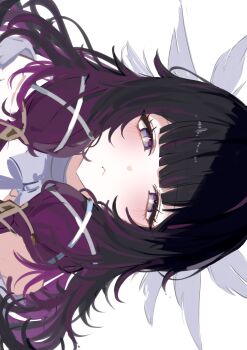 Rule 34 | 1girl, absurdres, black hair, bow, closed mouth, columbina (genshin impact), commentary, genshin impact, hair ornament, head wings, highres, long hair, looking at viewer, magnet 8 8, multicolored hair, multiple wings, portrait, purple hair, purple streaks, sideways, simple background, solo, two-tone hair, unusually open eyes, white background, white bow, white wings, wing hair ornament, wings