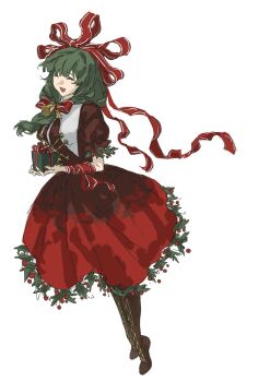 1girl :d ^_^ arm_ribbon bell black_bow boots bow box brown_boots closed_eyes dress embellished_costume front_ponytail full_body gift gift_box green_hair hair_bow hair_ribbon holding holding_gift holly kagiyama_hina lace-up_boots long_hair open_mouth puffy_short_sleeves puffy_sleeves red_bow red_dress red_ribbon ribbon short_sleeves simple_background smile solo standing tansuyuli touhou white_background