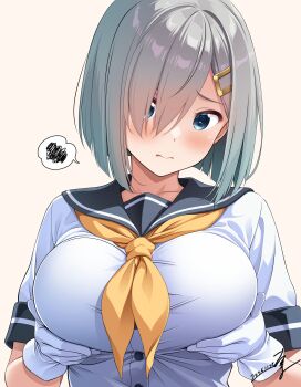 1girl absurdres blue_eyes blush breasts dated embarrassed gloves grabbing_own_breast grey_hair grey_sailor_collar hair_ornament hair_over_one_eye hairclip hamakaze_(kancolle) highres kantai_collection large_breasts looking_at_viewer neckerchief sailor_collar school_uniform serafuku short_hair short_sleeves signature solo takuma_(takumo7121) white_gloves yellow_neckerchief