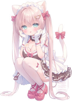Rule 34 | 1girl, :p, animal ear fluff, animal ears, apron, black dress, blush, bow, breasts, brown hair, candy, cat ears, cat girl, cat tail, cleavage, closed mouth, commentary request, dress, food, food between breasts, frilled apron, frills, gloves, green eyes, hair between eyes, hair bow, hair ornament, heart, heart-shaped food, heart-shaped lollipop, heart hair ornament, highres, large breasts, lollipop, long hair, looking at viewer, maid, maid headdress, original, pleated dress, red bow, red shoes, shaped lollipop, shoes, smile, solo, squatting, tail, tail bow, tail ornament, thighhighs, tongue, tongue out, twintails, usashiro mani, very long hair, watermark, white apron, white gloves, white thighhighs, winged heart