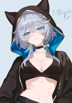 1girl absurdres alternate_costume animal_ears animal_hood black_bra black_choker black_jacket blue_eyes bra breasts cat_ears cat_girl cat_hood character_name choker cipher_(honkai:_star_rail) cleavage commentary commentary_request english_commentary grey_hair highres honkai:_star_rail honkai_(series) hood jacket kopo large_breasts looking_at_viewer midriff navel short_hair_with_long_locks simple_background solo underwear upper_body