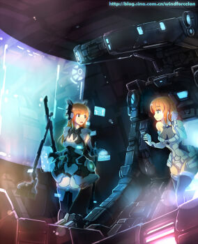 2girls adjusting_hair blue_eyes breasts broom cleavage floating_screen long_hair maid multiple_girls open_mouth orange_hair original science_fiction windforcelan