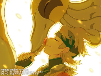 1boy alternate_color black_gloves black_shirt blonde_hair closed_eyes closed_mouth feathers fingerless_gloves from_side gen_2_pokemon gloves hand_up happy haraya headband ho-oh holding holding_feather jacket legendary_pokemon male_focus medium_hair mixed-language_commentary morty_(pokemon) morty_(sygna_suit)_(pokemon) nintendo official_alternate_costume pokemon pokemon_(creature) pokemon_masters_ex shiny_pokemon shirt watermark white_background