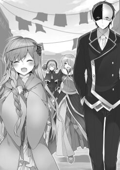 1boy 3girls :d ^_^ ahoge blush braid breasts building capelet claire_(konosuba) cloak closed_eyes cloud collared_shirt dress eye_mask feet_out_of_frame food food-themed_hair_ornament formal_clothes fruit fruit_hair_ornament full_body grape_hair_ornament grapes greyscale hair_between_eyes hair_ornament hair_over_one_eye hair_over_shoulder half_mask hand_in_pocket hat highres hood hooded_cloak iris_(konosuba) jacket kono_subarashii_sekai_ni_shukufuku_wo! lips long_dress long_hair long_sleeves mask medium_breasts medium_hair mishima_kurone monochrome multiple_girls necktie non-web_source novel_illustration off-shoulder_capelet official_art open_mouth pants rain_(konosuba) raised_inner_eyebrows shirt short_hair sky smile staff standing suit suit_jacket town two-tone_mask vanir wide_sleeves