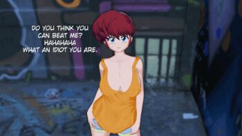 1boy 1girl 2koma 3d animated animated_gif blue_eyes breasts cccel clothes_lift comic dark-skinned_male dark_skin english_text hetero instant_loss interracial large_breasts ranma-chan ranma_1/2 rape red_hair sex sex_from_behind shirt_lift standing standing_sex tank_top