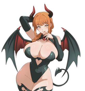 1girl absurdres alternate_breast_size_(larger) alternate_costume arm_behind_head bare_shoulders black_leotard black_sleeves black_tail black_thighhighs black_wings braid braided_ponytail breasts chainsaw_man clothing_cutout cowboy_shot demon_tail demon_wings detached_sleeves glint halloween_costume heart_cutout highres horns huge_breasts leotard licking_own_finger long_hair looking_at_viewer makima_(chainsaw_man) orange_eyes orange_hair red_horns second-party_source sidelocks simple_background solo tail thighhighs transparent_background vizaz wings
