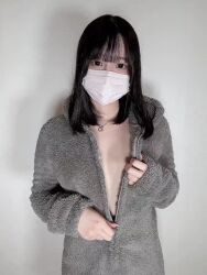 1girl animated asian black_hair breasts face_mask hinkonhima indoors jewelry long_hair looking_at_viewer mask medium_breasts necklace no_bra real_life solo standing tagme teasing unzipped unzipping video