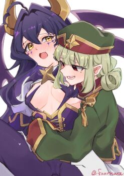 2girls artist_name blonde_hair breastless_clothes breasts coat corset cross cross-shaped_pupils cross_facial_mark cross_pasties facial_mark fold-over_gloves forward-facing_horns fuurinura green_hat green_jacket hat highres horns jacket leoparde_(mahou_shoujo_ni_akogarete) magia_baiser mahou_shoujo_ni_akogarete military_coat military_hat military_jacket multiple_girls pasties purple_corset simple_background star_(symbol) star_pasties symbol-shaped_pupils yellow_horns