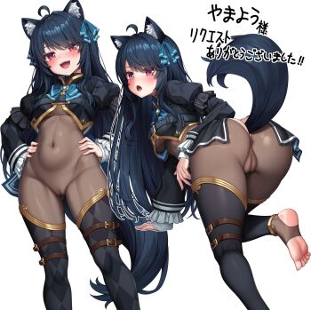 1girl absurdres ahoge animal_ear_fluff animal_ears argyle_clothes argyle_shirt argyle_thighhighs ass black_hair black_shrug blush bodystocking breasts chest_belt commentary_request commission commissioner_name covered_navel gold_trim hair_ribbon hands_on_own_hips highres lambda_(kusowarota) long_hair long_sleeves looking_at_viewer multiple_views open_mouth red_eyes ribbon second-party_source see-through_bodystocking shrug_(clothing) simple_background skeb_commission small_breasts smile standing svartlilja_(vrchat) tail thank_you vrchat white_background wolf_ears wolf_girl wolf_tail