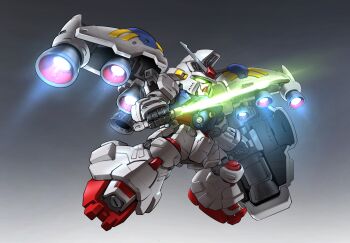 Rule 34 | absurdres, chibi, chinese commentary, commentary request, energy sword, glowing, glowing eyes, green eyes, gundam, gundam 0083, gundam gp-02 physalis, highres, holding, holding shield, holding sword, holding weapon, making-of available, mecha, mecha focus, mobile suit, no humans, robot, science fiction, sd gundam, shield, sword, thrusters, v-fin, weapon, zakuma