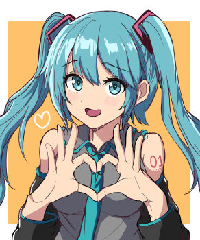 1girl :d aqua_eyes aqua_hair aqua_necktie bare_shoulders black_sleeves blush border breasts collared_shirt commentary_request cowboy_shot detached_sleeves four-finger_heart_hands grey_shirt hair_between_eyes hair_ornament hatsune_miku heart heart_hands highres long_hair long_sleeves looking_at_viewer medium_breasts miku_day necktie open_mouth outside_border shirt shoulder_tattoo simple_background sleeveless sleeveless_shirt smile solo suberaku tattoo twintails upper_body vocaloid white_border yellow_background