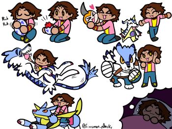 Rule 34 | closed eyes, digimon, digimon (creature), digitama, dreaming, egg, evolutionary line, gabumon, garurumon, highres, metalgarurumon, punimon, sharp teeth, smile, tail, teeth, tongue, tongue out, tunomon, weregarurumon, wings