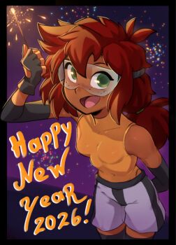 1girl 2026 :d aerial_fireworks arm_behind_back bare_shoulders black_border black_gloves black_thighhighs border breasts clenched_hand commentary covered_collarbone covered_navel dark-skinned_female dark_skin detached_sleeves english_commentary fingerless_gloves fireworks freckles gloves goggles green_eyes hair_between_eyes happy_new_year highres leotard leotard_under_clothes long_hair low_ponytail malberrybush malyna_(malberrybush) new_year open_mouth original ponytail red_hair shorts small_breasts smile solo thighhighs yellow_leotard