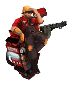 1boy beard belt dispenser_(tf2) dress_shirt engineer_(tf2) facial_hair full_body gauge gloves goggles gun hard_hat helmet knee_pads male_focus overalls pressure_gauge red_engineer_(tf2) red_shirt sentry shading_eyes shirt simple_background sitting solo team_fortress_2 utility_belt weapon