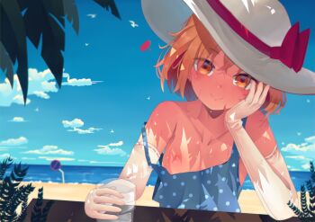 Rule 34 | 1girl, absurdres, arm support, beach, blue dress, blue sky, breasts, brown eyes, brown hair, dress, elbow gloves, gloves, hat, highres, kana anaberal, nipples, ocean, penglai tea, short hair, sitting, sky, small breasts, solo, touhou, white gloves, white hat