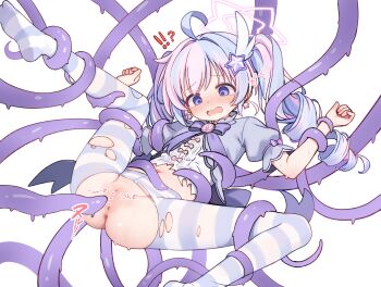 !? 1girl ? ahoge blue_archive blue_hair blush censored commentary_request drill_hair earrings hair_ornament halo heart heart_censor highres jewelry kohaku_rinne loli magical_girl multicolored_hair navel no_panties no_shoes nose_blush open_mouth paid_reward_available pantyhose pink_hair pink_halo puffy_short_sleeves puffy_sleeves purple_eyes purple_pantyhose pussy pussy_juice reisa_(blue_archive) reisa_(magical)_(blue_archive) restrained short_sleeves simple_background soles solo star_(symbol) star_earrings star_hair_ornament star_halo striped_clothes striped_pantyhose torn_clothes torn_pantyhose twin_drills twintails two-tone_hair variant_set wavy_mouth white_background wing_hair_ornament