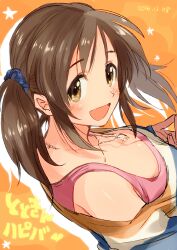 Rule 34 | 1girl, bare shoulders, blue scrunchie, blush, breasts, brown eyes, brown hair, cleavage, collarbone, dated, dress, from above, from side, hair ornament, hair scrunchie, happy, heart, idolmaster, idolmaster cinderella girls, idolmaster cinderella girls starlight stage, jewelry, large breasts, long hair, looking at viewer, multicolored clothes, multicolored dress, necklace, open mouth, orange background, own hands together, pink shirt, scrunchie, shirt, silhouette, sleeveless, sleeveless shirt, smile, solo, star (symbol), totoki airi, twintails, yunion (sibujya)