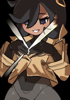 1girl black_background black_hair bodysuit bright_pupils covered_navel dark-skinned_female dark_skin emma_(pokemon) facing_viewer jacket looking_down nintendo pokemon pokemon_legends:_z-a purple_eyes smile solo wide_hips yuateheng