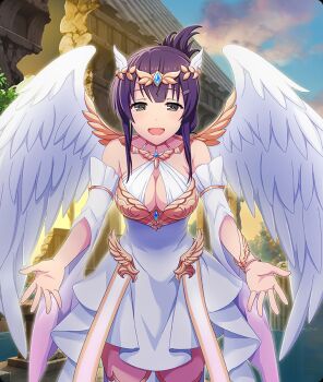 Rule 34 | 1girl, bare shoulders, blue gemstone, blue sky, bracelet, breasts, circlet, cleavage, cloud, day, detached sleeves, dot nose, dress, feathered wings, game cg, gem, green eyes, jewelry, large breasts, leaning forward, looking at viewer, medium hair, official art, open mouth, outstretched arms, pillar, purple hair, ruins, sidelocks, sky, smile, solo, straight-on, third-party source, toji no miko, toji no miko: kizamishi issen no tomoshibi, water, white dress, white sleeves, white wings, wings, yanase mai, yellow sky