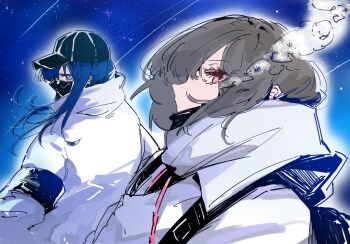 2girls baseball_cap black_hair black_headwear blue_archive blue_eyes blue_hair breath chiriejjiyo commentary_request hat highres jacket long_hair looking_at_viewer mask misaki_(blue_archive) multiple_girls night night_sky red_eyes saori_(blue_archive) short_hair sky star_(sky) starry_sky upper_body white_jacket