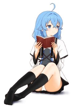 1girl ass blue_eyes blue_hair blush book highres holding holding_book legs mushoku_tensei panties panty_peek pantyshot rora_(user_vgpk4444) roxy_migurdia smile socks solo thighs underwear white_panties