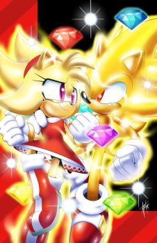 1boy 1girl adam_bryce_thomas amy_rose boots chaos_emerald commentary commission dress english_commentary furry furry_female furry_male gloves highres jewelry pink_eyes red_boots red_dress red_eyes ring shoes signature sonic_(series) sonic_the_hedgehog super_amy_rose super_sonic yellow_fur