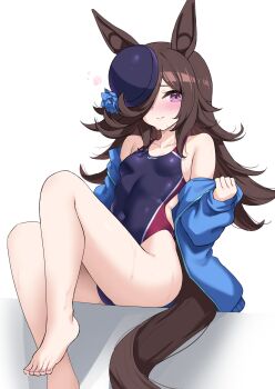 1girl animal_ears barefoot black_one-piece_swimsuit blue_flower blue_hat blue_jacket blue_rose blush breasts brown_hair brown_tail closed_mouth competition_swimsuit covered_navel feet flipped_hair flower flying_sweatdrops hair_over_one_eye hat hat_flower highleg highleg_one-piece_swimsuit highres horse_ears horse_girl horse_tail jacket kibihimi legs long_hair long_sleeves looking_at_viewer off_shoulder one-piece_swimsuit open_clothes open_jacket purple_eyes rice_shower_(umamusume) rose simple_background small_breasts solo swimsuit tail thighs toes umamusume white_background
