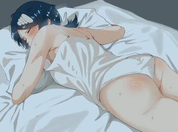 1girl absurdres ass bed blue_hair camisole closed_eyes highres hugging_object lana's_mother_(pokemon) low_ponytail mature_female nintendo niyoukoso on_bed panties pillow pillow_hug pokemon pokemon_(anime) pokemon_sm_(anime) ponytail sleeping solo sweat underwear white_camisole white_panties