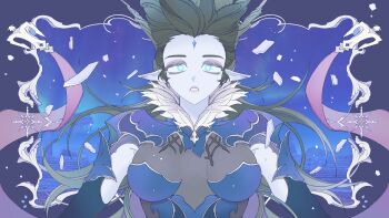 1girl armpit_cutout black_gloves black_hair blue_dress blue_eyes border breasts breasts_apart clothing_cutout colored_skin commission dress drill_hair elbow_gloves eogo_(mopidona) final_fantasy final_fantasy_xiv floating_hair forehead_jewel fur_collar glass_shards gloves grey_dress grey_skin hair_floating_upwards highres korean_commentary large_breasts long_hair looking_at_viewer ornate_border outside_border parted_lips pink_ribbon pointy_ears possessed possession purple_border ribbon see-through_clothes see-through_dress shiva_(final_fantasy) shoulder_guard snowflakes solo square_enix straight-on surprised two-tone_dress upper_body ysayle_dangoulain