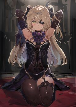 1girl armpits bare_shoulders black_ribbon blonde_hair blush bow bowtie breasts collar eyepatch fischl_(genshin_impact) genshin_impact green_eyes hair_over_one_eye hair_ribbon highres kneeling leotard long_hair looking_at_viewer medium_breasts open_mouth purple_bow purple_bowtie redrawn ribbon single_thighhigh solo the_olphy thighhighs two_side_up