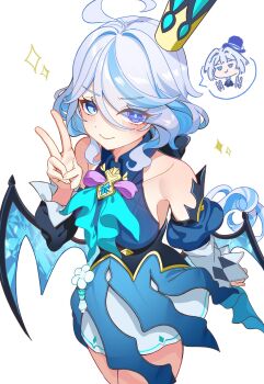 ahoge bare_shoulders blue_dress blue_eyes blue_hair cerydra_(honkai:_star_rail) cerydra_(honkai:_star_rail)_(cosplay) cosplay costume_switch cowboy_shot crown detached_sleeves dress furina_(genshin_impact) furina_(genshin_impact)_(cosplay) genshin_impact grey_hair hand_up highres honkai:_star_rail honkai_(series) io_(eo_060503) juliet_sleeves long_sleeves looking_at_viewer low_wings mihoyo mini_crown puffy_sleeves smile standing v wings