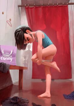 2boys 2girls ass bag bare_arms bare_shoulders barefoot black_hair black_skirt curtains dagger_(fiz-rot) fitting_room fiz-rot from_side highres loli looking_down medium_hair multicolored_hair multiple_boys multiple_girls original panties pants red_eyes skirt standing standing_on_one_leg tank_top twintails two-tone_hair underwear undressing unworn_pants unworn_skirt white_panties