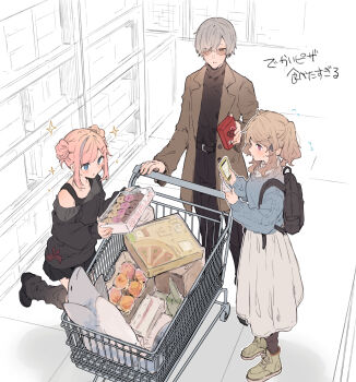 Rule 34 | 1boy, 2girls, backpack, bag, black jacket, black pants, black shirt, black skirt, black socks, blue eyes, blue sweater, blush, boots, brown boots, brown eyes, brown hair, brown jacket, brown pantyhose, cellphone, donut, double bun, flying sweatdrops, food, glasses, grey hair, grey skirt, hair bun, hair over one eye, highres, holding, holding phone, ikeuchi tanuma, indoors, jacket, kneehighs, loic valentz, loose socks, multicolored hair, multiple girls, off shoulder, open clothes, open jacket, original, pants, pantyhose, parted lips, phone, pink hair, pleated skirt, purple eyes, rije (ikeuchi tanuma), shirt, shopping cart, skirt, socks, standing, standing on one leg, streaked hair, stuffed animal, stuffed dolphin, stuffed toy, sweater, tino ashberry, translation request, twintails