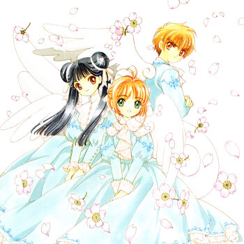 1990s_(style) 1boy 2girls black_hair blonde_hair blue_dress cardcaptor_sakura child clamp double_bun dress flower green_eyes hair_bun highres kinomoto_sakura li_meiling li_syaoran long_hair looking_at_viewer looking_back multiple_girls official_art petals red_eyes retro_artstyle short_hair twintails wings