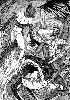 beam_(chainsaw_man) blood bomb_devil_(chainsaw_man) chainsaw chainsaw_man crosshatching denji_(chainsaw_man) eindrawppsn explosion from_behind hatching_(texture) highres monochrome open_clothes open_shirt panties reze_(chainsaw_man) saliva tongue tongue_out traditional_media typhoon_devil_(chainsaw_man) underwear white_panties