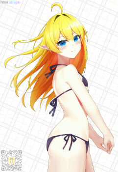 1girl absurdres ahoge ass bare_arms bikini bikini_bottom_only black_bikini black_swimsuit blonde_hair blue_eyes blush breasts closed_mouth commission commissioner_upload elf flat_chest hair_intakes halterneck highres long_hair looking_at_viewer looking_back lori_hagami lotte_farona official_art pointy_ears qr_code side-tie_bikini_bottom side-tie_clothing side-tie_swimsuit small_breasts smile solo standing string_bikini swimsuit ways_of_darkness_(series)