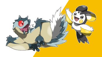 Rule 34 | :d, animal focus, blacknirrow, claws, commentary, crossover, dot nose, emolga, fangs, gen 5 pokemon, highres, monster, monster hunter (series), nintendo, no humans, open mouth, outline, outstretched arms, pokemon, pokemon (creature), red eyes, simple background, smile, spread arms, tobi-kadachi, two-tone background, white background, white outline, yellow background