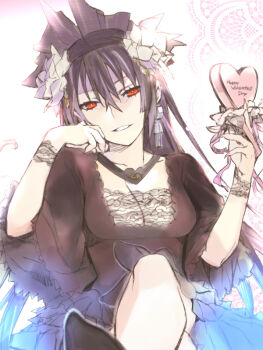 Rule 34 | 1girl, black dress, black hair, box, breasts, cleavage, crossed legs, dress, earrings, feet out of frame, fingernails, flower, hair between eyes, hair flower, hair ornament, hands up, head rest, head tilt, heart-shaped box, holding, holding box, jewelry, long hair, medium breasts, miracle tou, official art, orion (orionproject), parted lips, rance (series), rance ix, red eyes, sharp fingernails, sitting, sketch, smile, solo, tassel, tassel earrings, white flower, wide sleeves, wristband