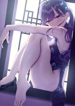1girl absurdres ahoge alternate_costume animal_print armpits backlighting bare_legs barefoot black_dress black_shoes blush braid breasts butterfly_hair_ornament butterfly_print china_dress chinese_clothes commentary_request covered_mouth dress gakuen_idolmaster hair_ornament high_heels highres idolmaster kaya_rinha knees_up looking_at_viewer looking_to_the_side medium_breasts misanga_(hxjd5354) partial_commentary purple_hair shoes sideboob single_shoe sitting sleeveless sleeveless_dress solo toes twintails