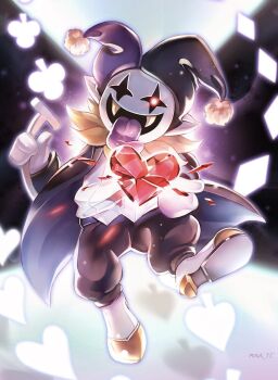1boy black_cape black_pants breaking cape club_(shape) collar colored_skin commentary_request crystal deltarune diamond_(shape) fangs frilled_collar frills gloves glowing glowing_eye hat heart highres holding_tail jester_cap jevil maa_tc monster_boy open_mouth pants pointy_ears puffy_pants reaching reaching_towards_viewer red_eyes simple_background tail tongue tongue_out utdr_(toby_fox) white_footwear white_gloves white_skin