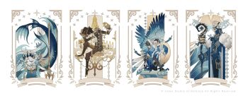 1girl 3boys alva_lorenz alva_lorenz_(warden) animal animal_on_hand animal_on_shoulder arm_guards ascot beads bird_boy bird_mask bird_wings black_eyes black_footwear black_gloves black_hair black_hat black_pants black_sclera blonde_hair blue_cape blue_eyes blue_gloves blue_jacket blue_scales blue_shirt blue_skin blue_theme blue_wings boater_hat boots braid brown_pants bug button_eyes buttons cape chandelier claw_ring closed_mouth coin colored_sclera colored_skin copyright_notice covered_eyes covered_mouth cowboy_shot cracked_skin crown facial_mark falling_feathers feather-trimmed_cape feather_trim feathers fins from_side full_body fur-trimmed_cape fur_trim gem gloves grace_(identity_v) gradient_skin grey_jacket hair_beads hair_ornament hair_slicked_back hand_on_headwear hand_up hat head_fins highres holding holding_gem holding_polearm holding_staff holding_weapon identity_v insect jacket jewelry key keyring knee_up lace-up_boots lantern long_sleeves looking_at_animal mask mermaid mole_(animal) monocle monster_girl moth mouth_mask multicolored_skin multiple_boys mystical_high_collar naib_subedar naib_subedar_(eagle&#039;s_dance) necklace norton_campbell norton_campbell_(mr._mole) ocean official_alternate_costume official_art on_one_knee pants parted_bangs parted_lips pillar polearm profile seashell shell shell_necklace ship shirt short_hair short_sleeves side_cape single_braid sitting sleeve_cuffs smile solid_eyes staff standing talons trident two-tone_gloves two-tone_skin unworn_jewelry unworn_necklace waist_cape water watercraft weapon white_ascot white_background white_cape white_hair white_shirt wings zero_(jckz2334)