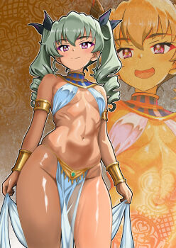 1girl absurdres anchovy_(girls_und_panzer) armlet breasts closed_mouth commentary_request dancer different_zoom_layer drill_hair girls_und_panzer gold_armlet gold_bracer gold_trim hair_ribbon harem_outfit highres jewelry long_hair midriff open_mouth pele@mix pelvic_curtain ribbon small_breasts twin_drills twintails zoom_layer