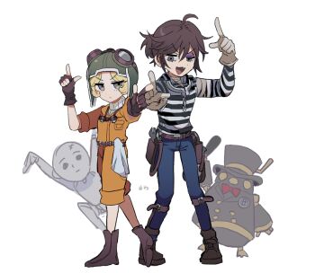 1boy 1girl 1other :d ahoge aviator_cap aviator_goggles bad_tag blonde_hair bonbon_(identity_v) boots brown_boots brown_eyes brown_gloves brown_hair bruise bruised_eye fang fingerless_gloves gloves half-closed_eye helmet identity_v injury jumpsuit leg_brace looking_at_viewer luca_balsa nt_26 open_mouth orange_jumpsuit ponytail prison_clothes short_hair short_ponytail smile striped_clothes tracy_reznik uneven_eyes